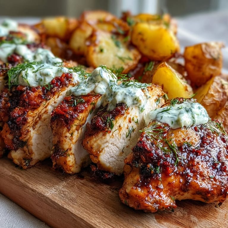 Tender charred chicken thighs marinated in spiced yogurt served alongside golden crispy baby potatoes for dinner.