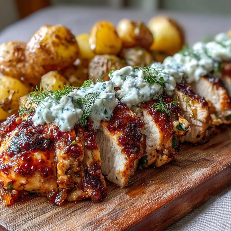 Plated Mediterranean-inspired Spicy Yogurt Marinated Chicken with Dill Feta Cream & Crispy Baby Potatoes garnished with fresh dill.