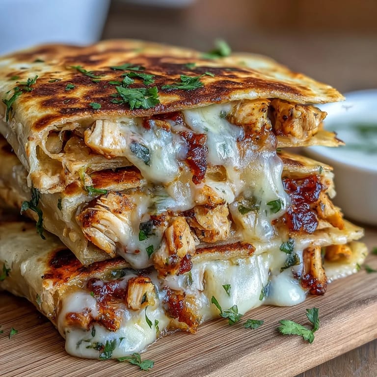Close-up of a warm Cheesy Hot Honey Chicken Quesadilla showing gooey cheese pull, tender chicken pieces, and a golden crispy tortilla edge.