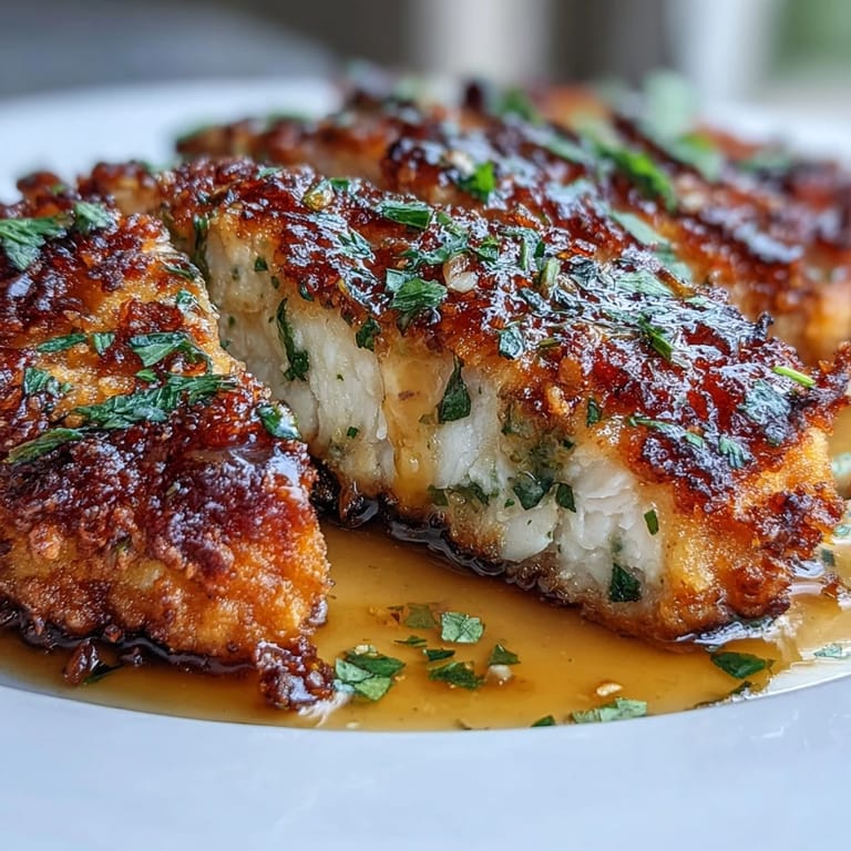 Sizzling skillet of Lemon Parmesan Crusted Chicken topped with silky lemon butter sauce, perfect for a family dinner.