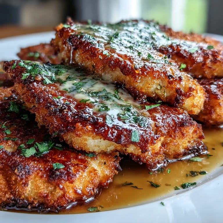 Fork-tender Lemon Parmesan Crusted Chicken ready to eat, garnished with fresh parsley and lemon slices alongside pasta.
