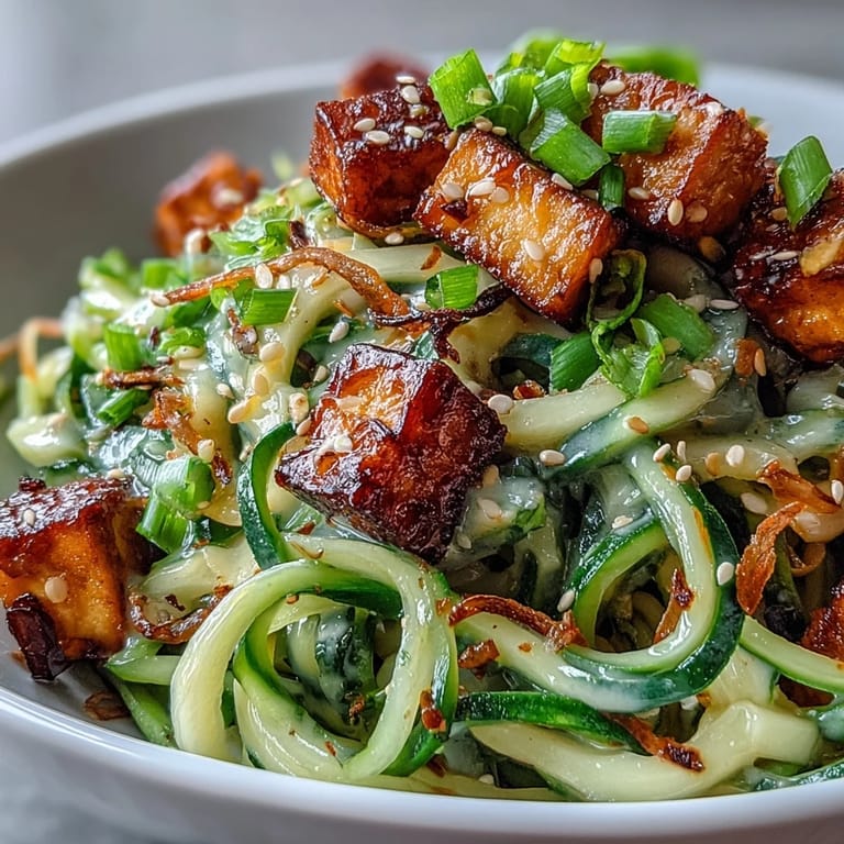 A close-up view of TikTok-Style Chili Crisp Cucumber Noodle Bowls with vibrant cucumber ribbons and herbs.