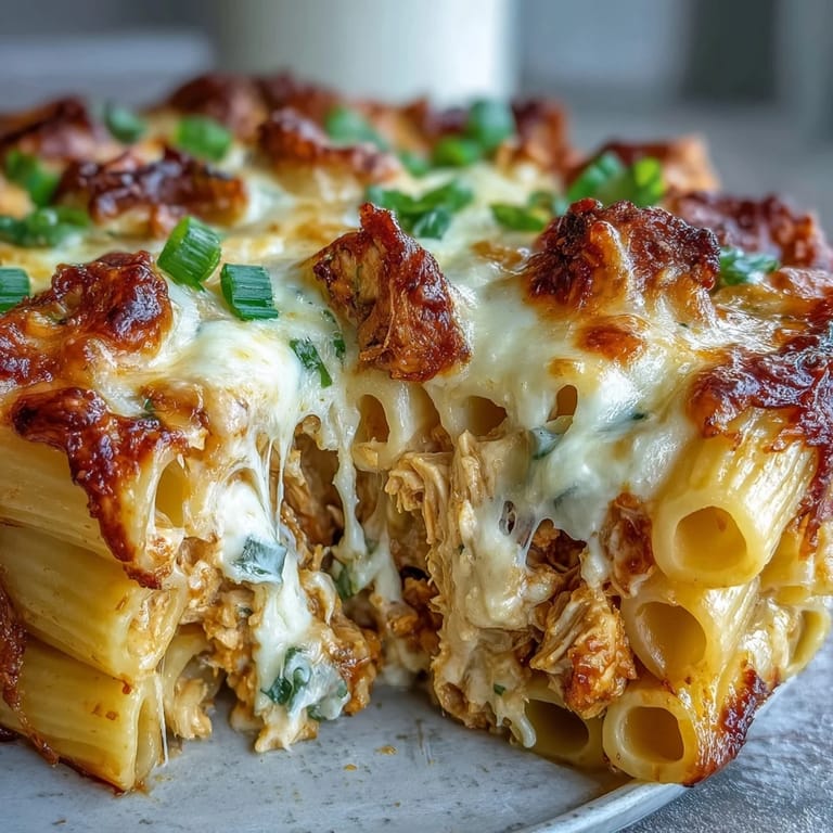 Steaming penne pasta coated in tangy buffalo sauce and creamy ranch is folded with tender shredded chicken, garlic, and green onions inside a large ceramic mixing bowl.