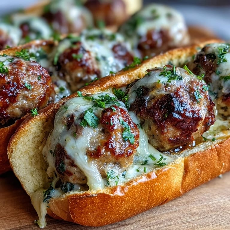 Close-up of a sub sandwich filled with juicy turkey meatballs and rich garlic-Parmesan cream sauce.