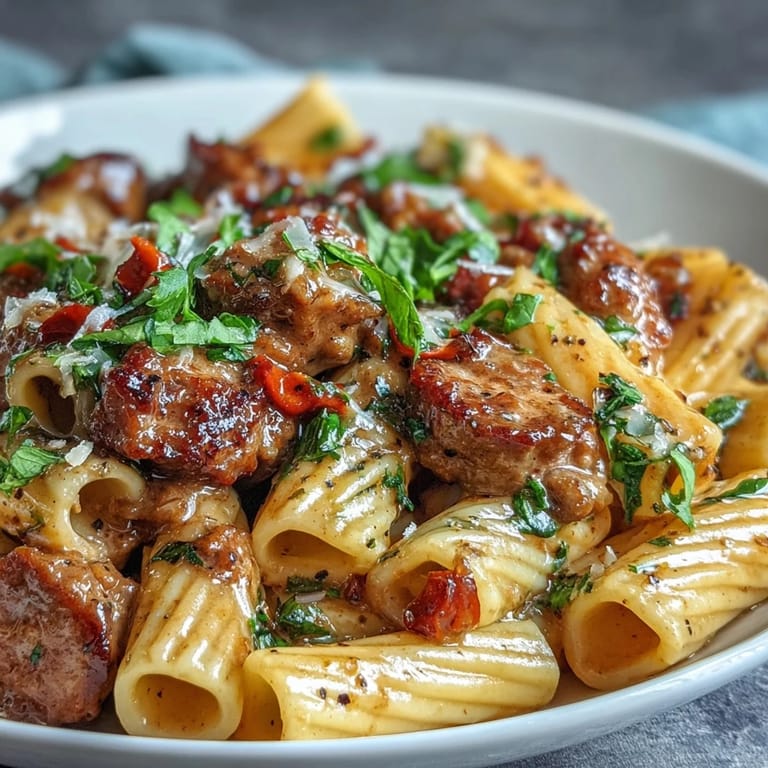 Forkful of One-Pot Creamy Red Wine Sausage Pasta reveals a rich, creamy sauce with savory sausage pieces.