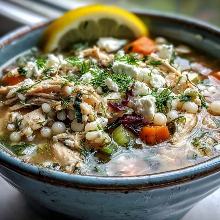 Warm Greek Chicken & Pearl Couscous Soup served in a rustic bowl with colorful carrots and celery visible.