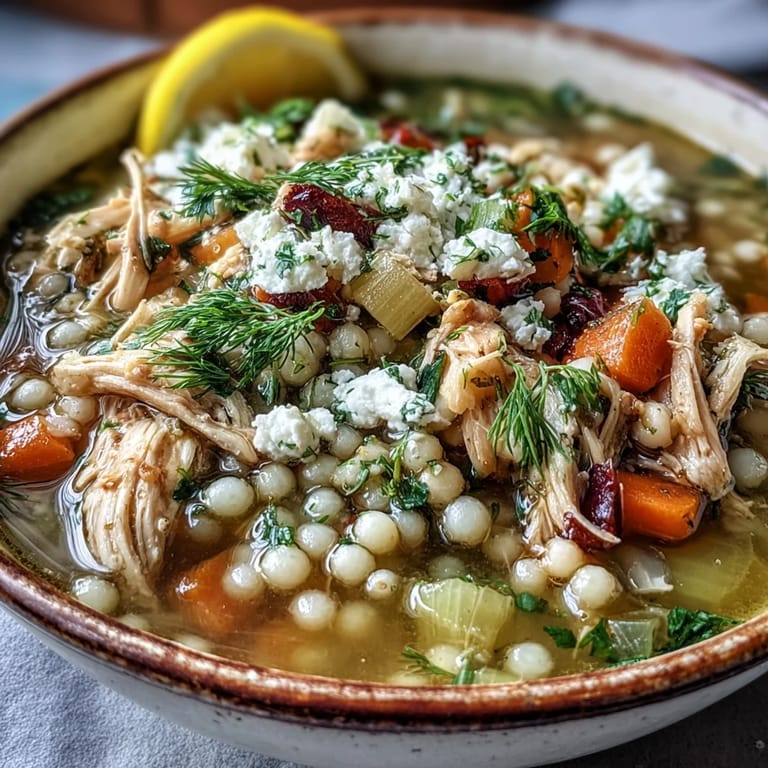 Comforting bowl of Greek Chicken & Pearl Couscous Soup garnished with creamy feta crumbles and fresh dill sprigs.
