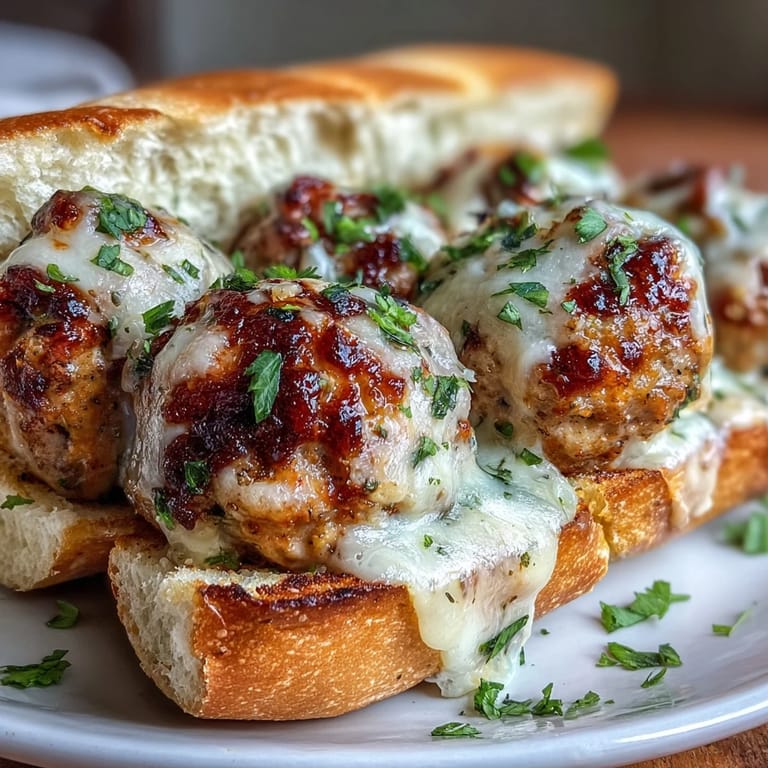Freshly broiled Garlic Parmesan Turkey Meatball Subs served hot on a platter, showcasing the toasted bread and cheesy, saucy filling.