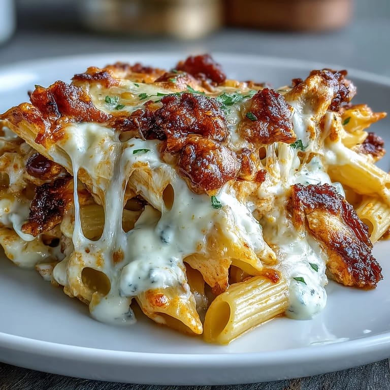 A freshly baked Creamy Buffalo Ranch Chicken Pasta Bake served in a white dish, with a bubbling, melty cheese and Buffalo sauce top.