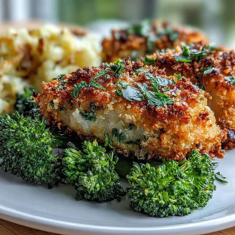 Golden, crunchy Parmesan and panko topping blankets juicy chicken breasts alongside roasted broccoli florets on a parchment-lined sheet pan.