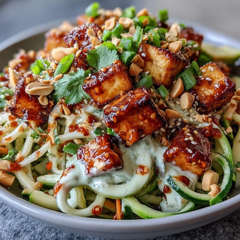 A close-up of TikTok-Style Chili Crisp Cucumber Noodle Bowls topped with tofu, peanuts, and lime wedges on a rustic table.