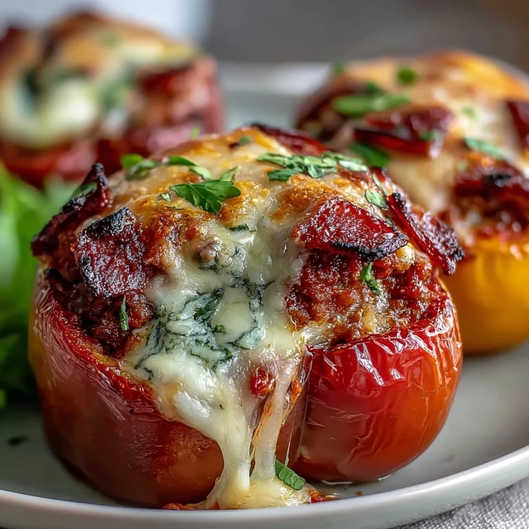 Freshly baked Keto Pizza Stuffed Peppers topped with basil, serving a delicious low-carb dinner. 