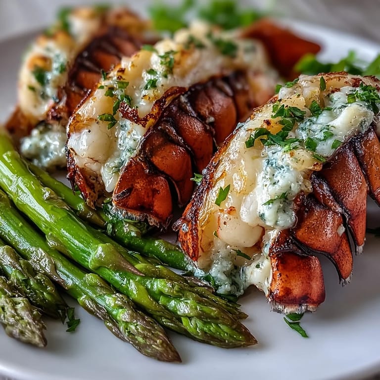 Close-up of tender Keto Garlic Butter Lobster Tails drizzled with garlic butter, served alongside roasted asparagus.