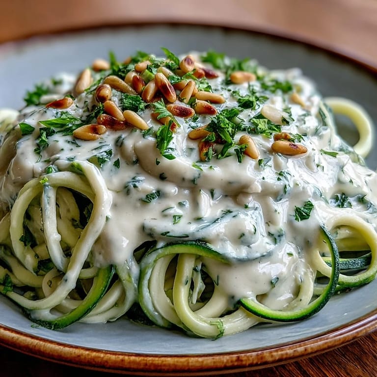 A vibrant bowl of Vegan Creamy Cashew Alfredo over Zucchini Noodles topped with fresh parsley and black pepper.