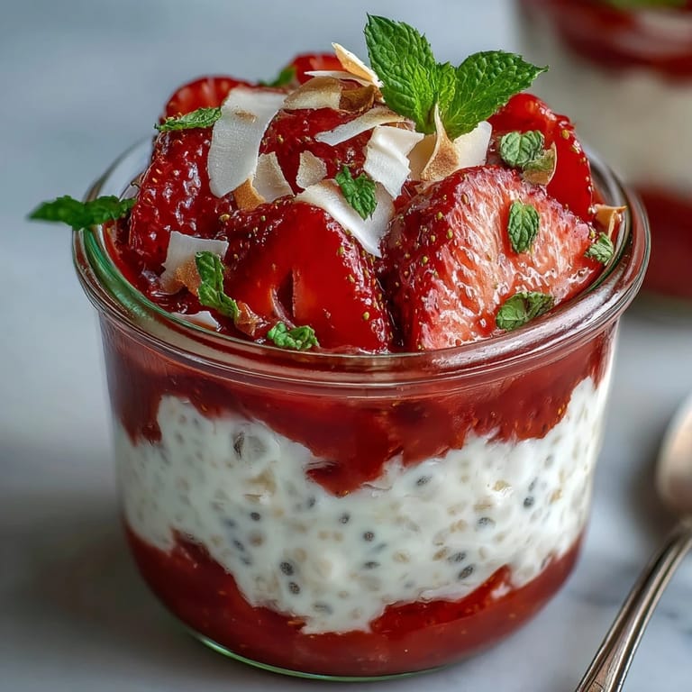 Glass jar displaying vibrant Strawberry Chia Seed Pudding made with coconut milk and fresh strawberry puree layers.