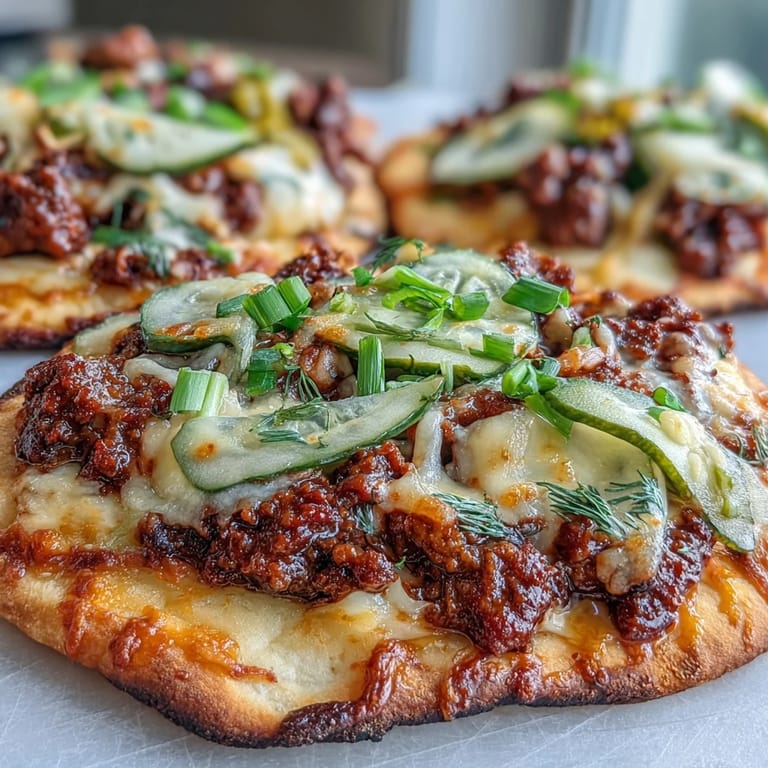 Cheeseburger Garlic Naan Pizzas on a rustic board, topped with seasoned ground beef and tangy dill pickle slices.