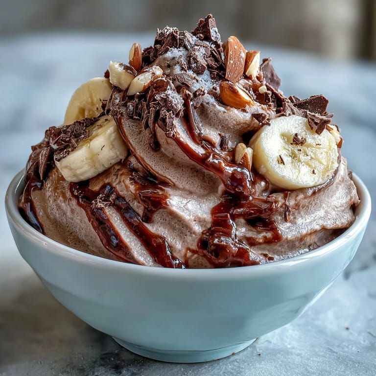 Freshly scooped Vegan Chocolate Banana Nice Cream with toasted almond slices and dark chocolate shavings, served ready to eat.