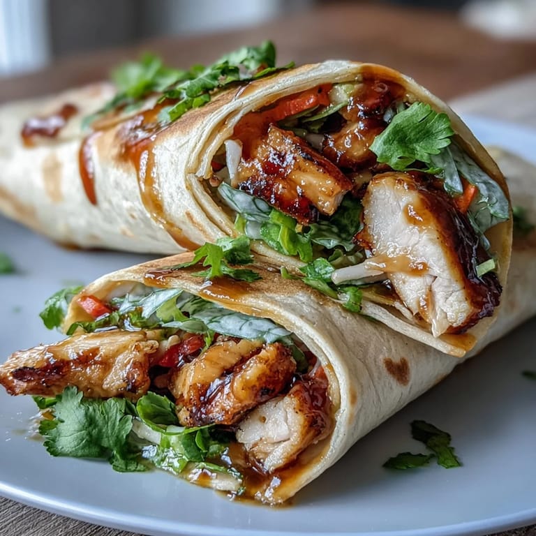 Flavorful sweet chili chicken wraps featuring juicy chicken, crunchy carrots, and cucumbers, drizzled with zesty chili sauce and served with lime wedges.  