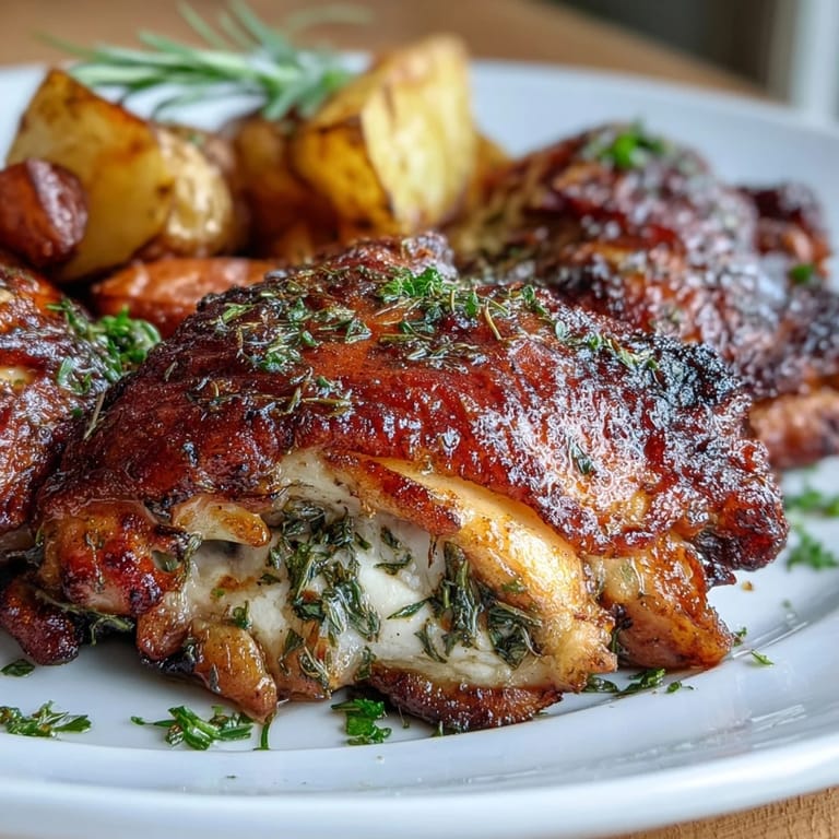 Aromatic herb-roasted chicken thighs paired with roasted carrots and golden potatoes, perfect for a hearty weeknight dinner.