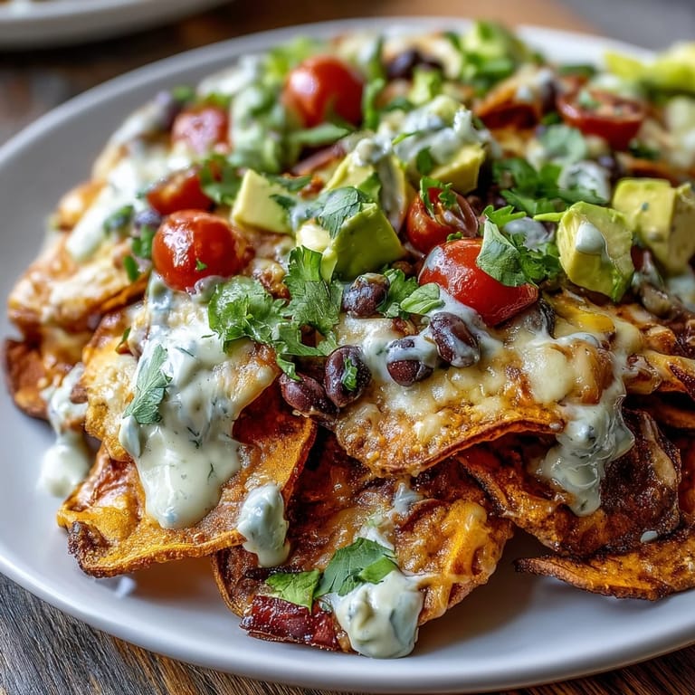 Vegan sweet potato nachos loaded with black beans, fresh vegetables, and a luscious dairy-free cashew queso sauce.  