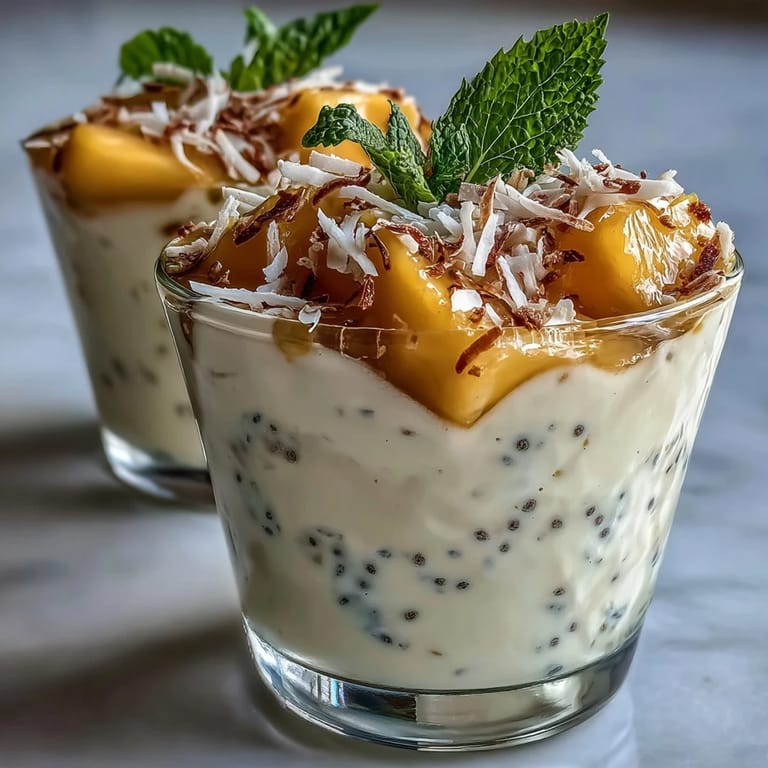 Light and refreshing mango coconut chia pudding breakfast cups layered with tropical fruit and crunchy seeds for texture.