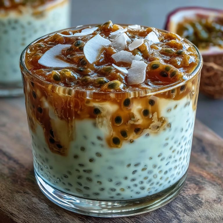 Vibrant passionfruit chia pudding topped with tropical coconut and mint, a dairy-free treat bursting with natural sweetness and texture.