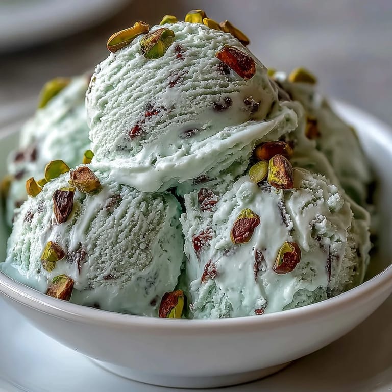 Smooth homemade pistachio gelato served in a chilled bowl, topped with crushed nuts.  