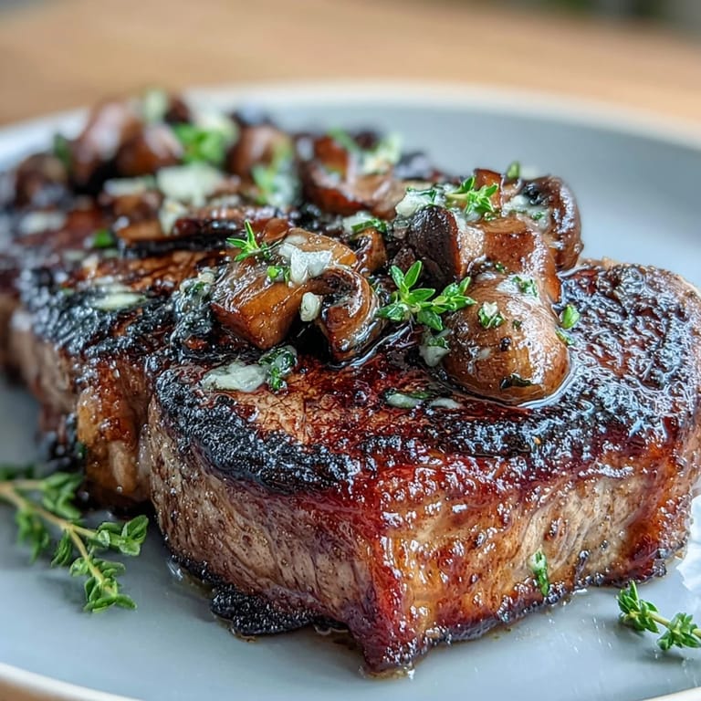 Succulent steak seared to perfection, finished with a wild mushroom and garlic butter topping for a gourmet, restaurant-style meal.  