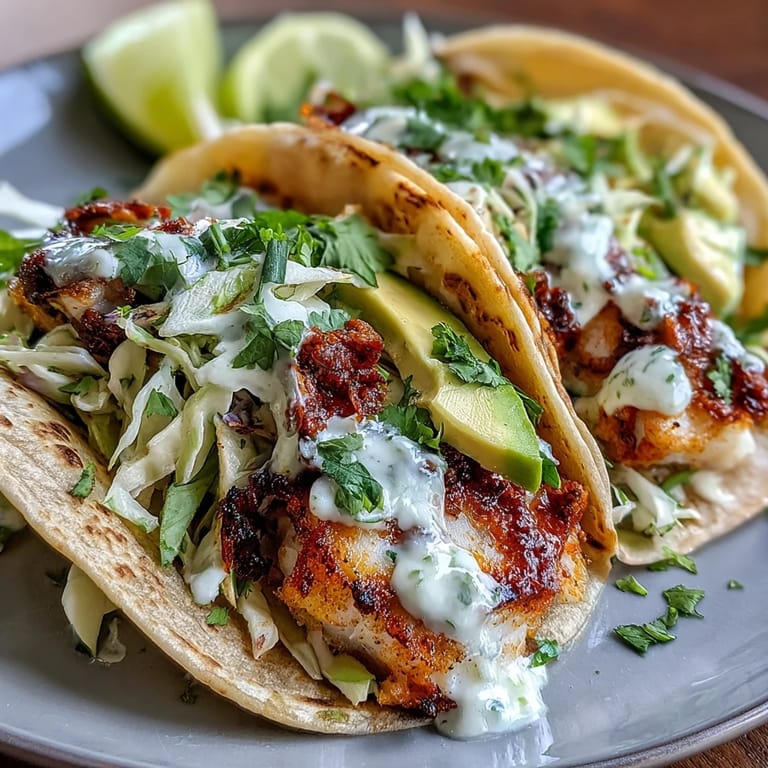 Spicy lime-seasoned fish served in warm tortillas with crisp red and green cabbage, creamy avocado, and tangy cilantro sauce.