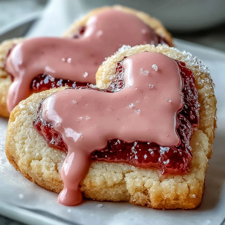 Buttery sugar cookies topped with glossy, natural strawberry icing, decorated with festive Valentine's designs.  