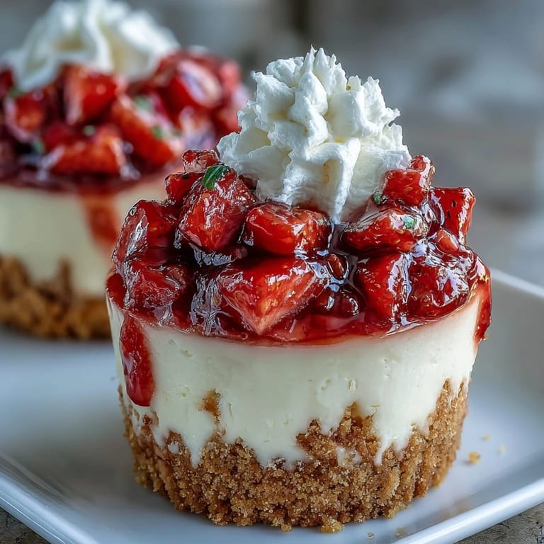 Layers of smooth cheesecake filling, macerated strawberries, and crunchy graham cracker base create a romantic no-bake treat.  