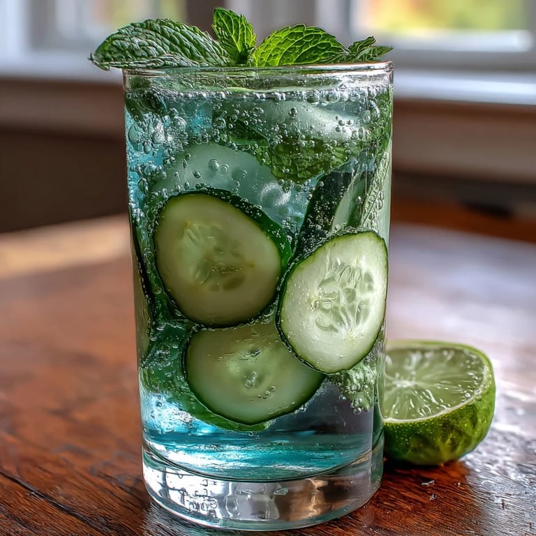 Cool and invigorating cucumber mint sparkling water refresher served over ice with a lime garnish.  
