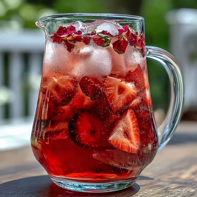 Chilled strawberry rose lemonade in a glass pitcher, garnished with mint sprigs and lemon slices, ideal for summer gatherings.