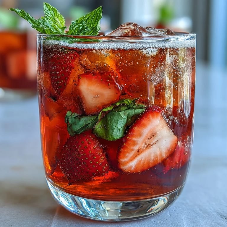 Colorful spring-inspired strawberry mocktail featuring fresh berries, lemon juice, and mint leaves over ice cubes.