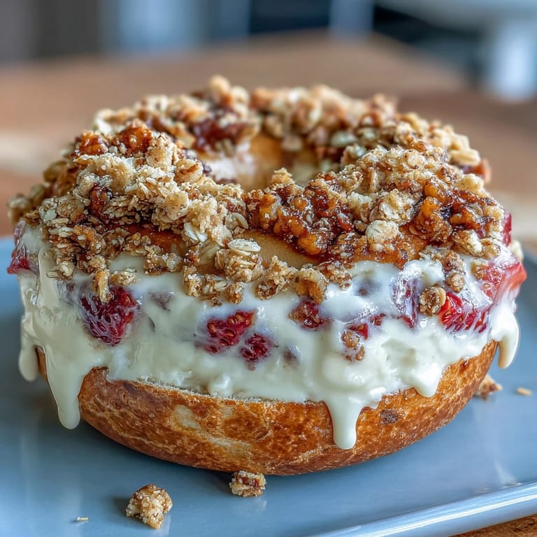 Baked Strawberry Cheesecake Protein Bagels with Crumble Topping: fluffy, protein-packed bagels bursting with berry flavor and creamy cheesecake center.