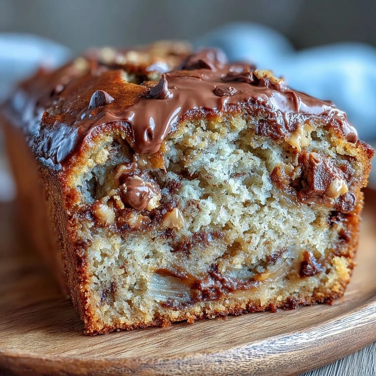 Rich banana bread loaded with creamy peanut butter, semisweet chocolate chips, and chopped peanut butter cups for a sweet twist.