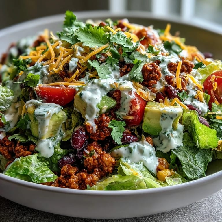 Healthy taco salad with juicy turkey, fresh veggies, avocado, and tangy Greek yogurt ranch, topped with crunchy baked tortilla chips.