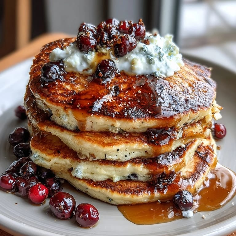 Wholesome high-protein pancakes made with cottage cheese, dotted with juicy blueberries and ready to serve with maple syrup.  