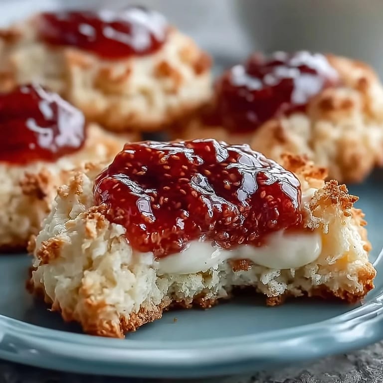 Soft, buttery clotted cream cookies topped with jewel-like strawberry jam, offering a delightful British-inspired dessert.
