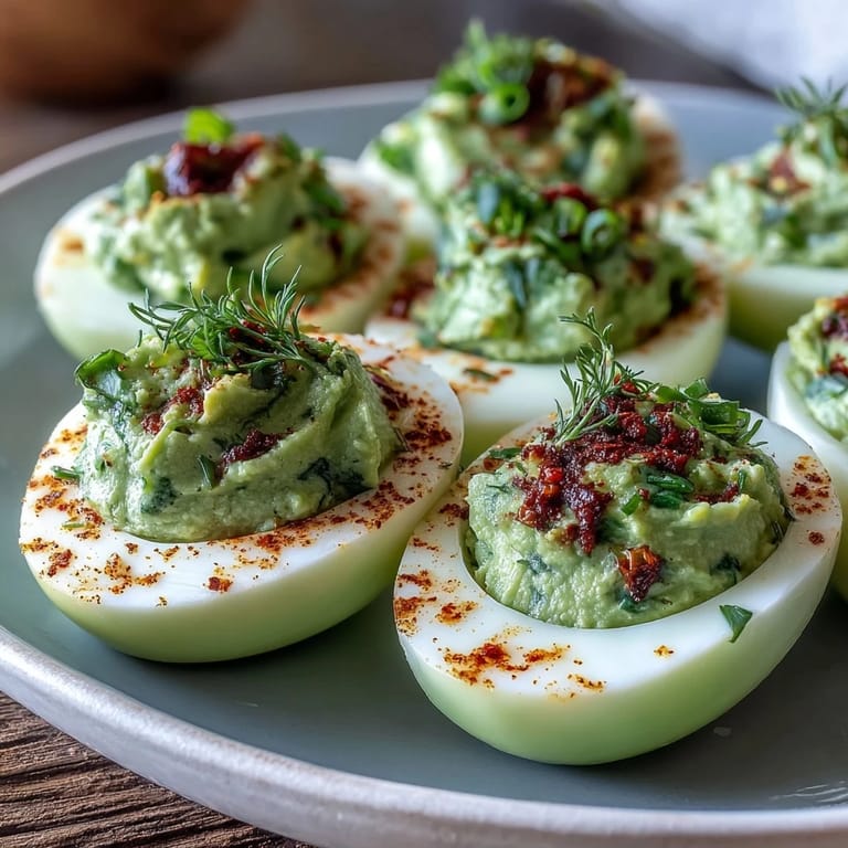 Creamy avocado-stuffed deviled eggs garnished with paprika and fresh herbs, offering a refreshing and easy spring appetizer for any occasion.