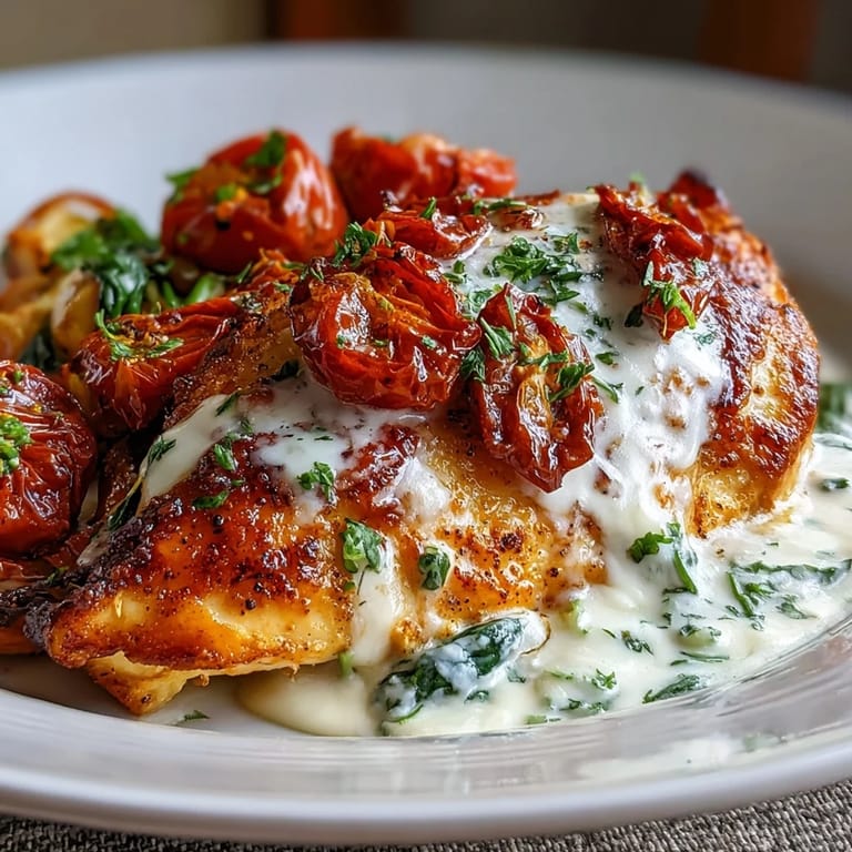 Creamy Tuscan Chicken Skillet featuring juicy chicken breasts simmered in creamy sauce with vibrant spinach and tomatoes.