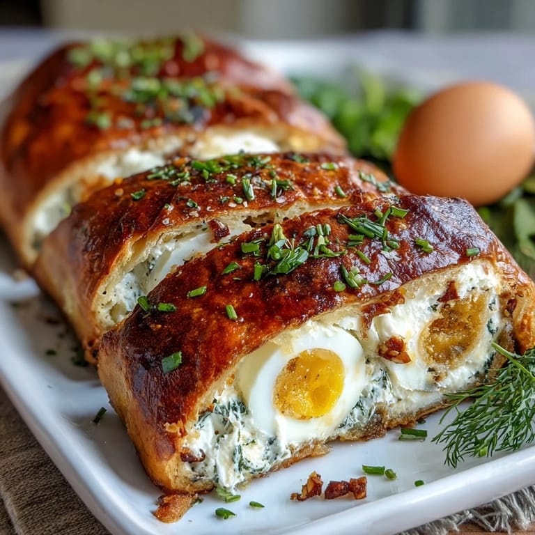 Cross-section of Easter pie reveals colorful layers of spinach, ham, and whole eggs nestled in flaky pastry crust.  