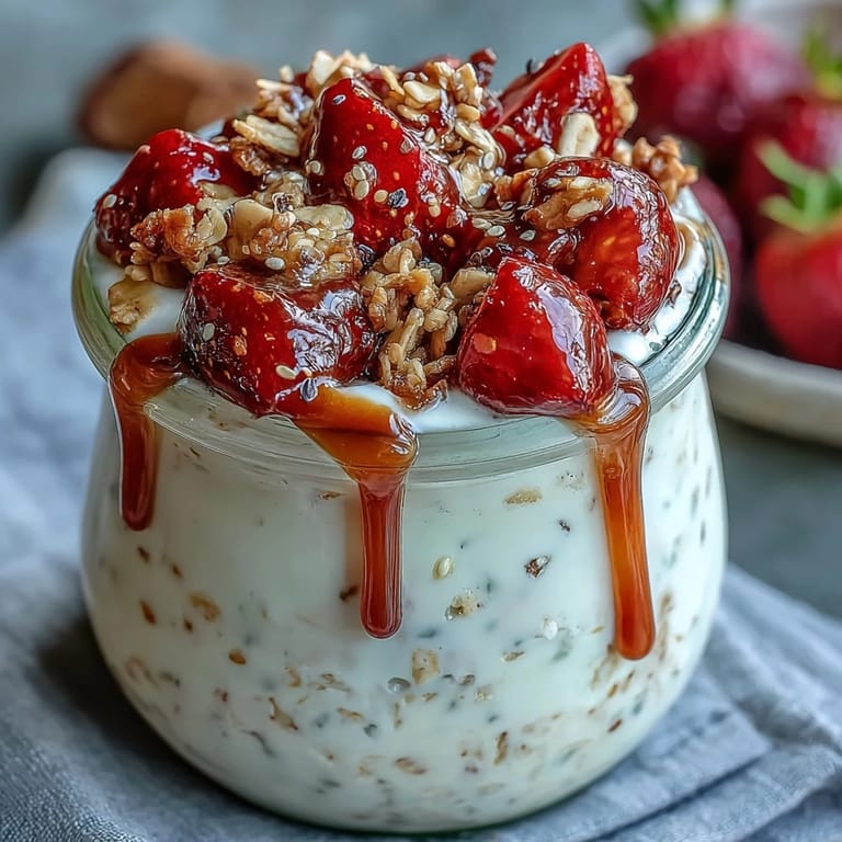 Strawberry chia overnight oats with crunchy granola and yogurt, a make-ahead breakfast that's both delicious and nutritious.