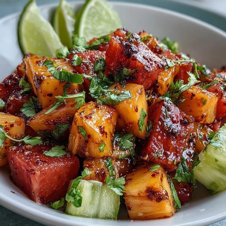 Colorful mango and pineapple cups tossed with zesty lime and Tajín seasoning, ideal for beach picnics.
