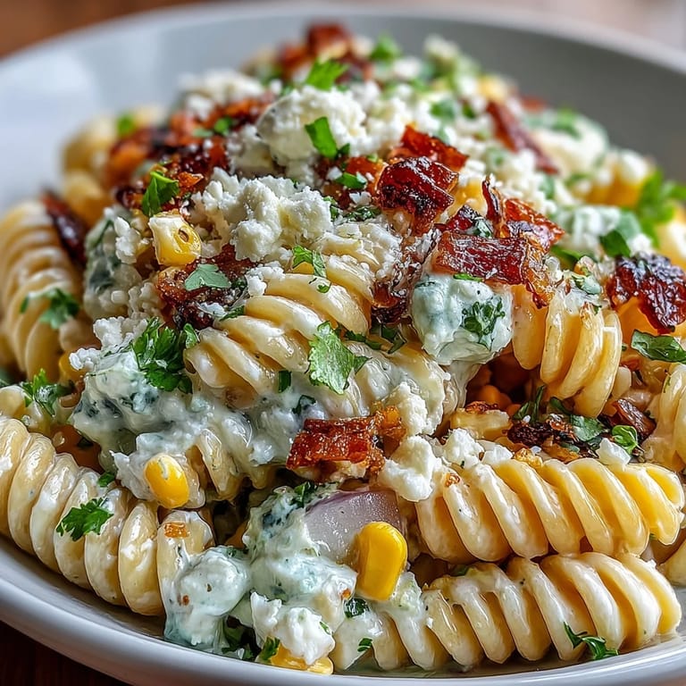 Creamy elote corn pasta tossed with red bell pepper, red onion, and fresh cilantro, topped with tangy Cotija cheese crumbles.