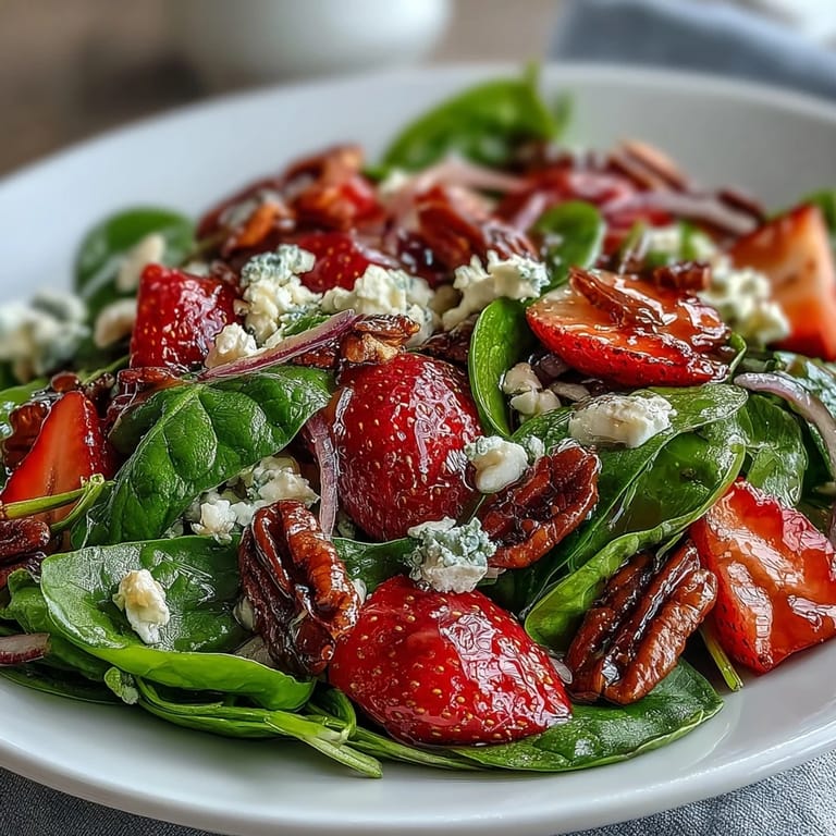 Refreshing Spring Strawberry Spinach Salad featuring baby spinach, sweet strawberries, candied pecans, and tangy goat cheese in a balsamic vinaigrette.