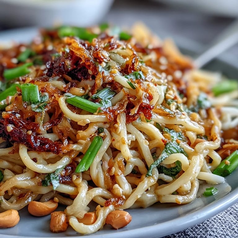 Close-up of chili crisp noodles, showcasing crispy chili bits, aromatic garlic, and a sprinkle of chopped peanuts over savory noodles.