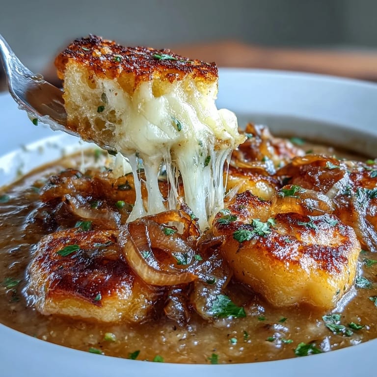 Rich caramelized onion broth with tender gnocchi, topped with melted Gruyère and Parmesan in rustic ceramic bowls.  