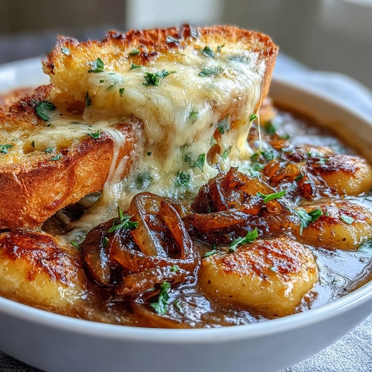 Hearty Gnocchi French Onion Soup served steaming hot with cheesy, golden crust and fresh parsley garnish.
