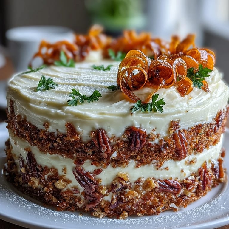 Moist carrot cake layers filled and frosted with tangy cream cheese frosting, decorated with elegant candied carrot curls.